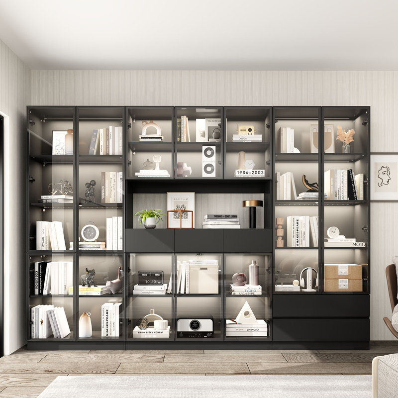 Hokku Designs 78.7 H x 110 W Black Combination Bookcase With Glass Doors Drawers LED Lights Wayfair